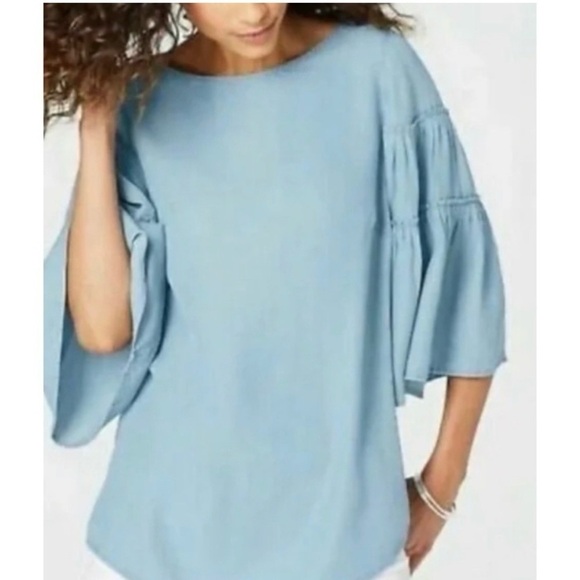 J.Jill / Denim Chambray 3/4 Ruffle Bell Sleeve Blouse Size S Petite - Picture 1 of 11